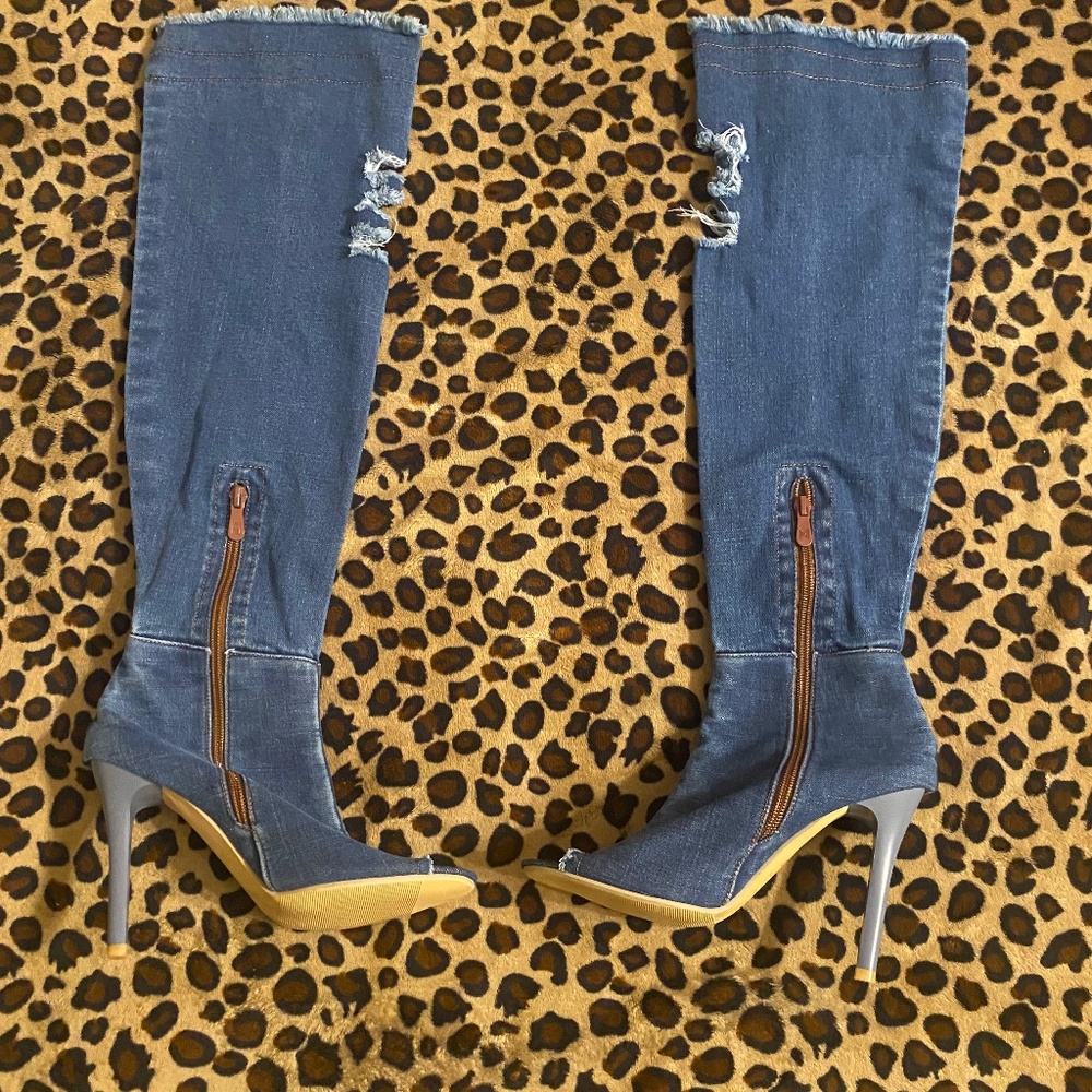 Fashion Nova Jean distressed cutout toe boots